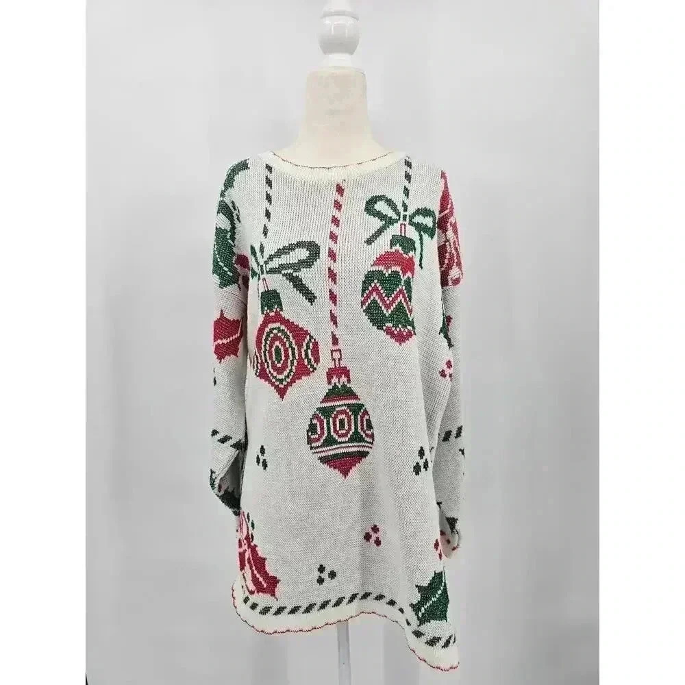 Holiday Time Women's M Green, White, And Red Christmas Ornament Holiday Sweater